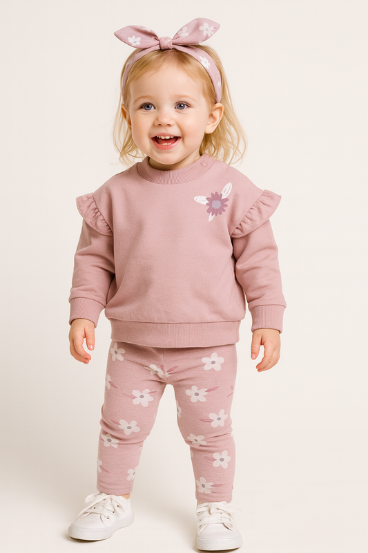 Girls Pink Floral Ruffle Fleece 3-Piece Set (12 M-4 Y)