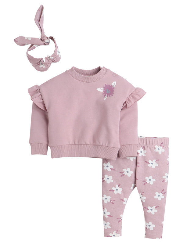 Girls Pink Floral Ruffle Fleece 3-Piece Set (12 M-4 Y)