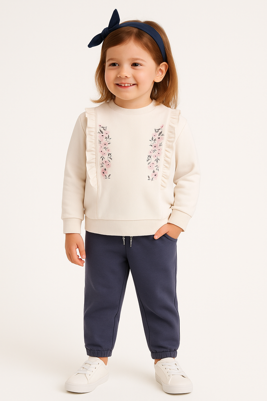 Dirkje 3-Piece Ruffled Floral Sweatshirt with Matching Pants & Headband Set