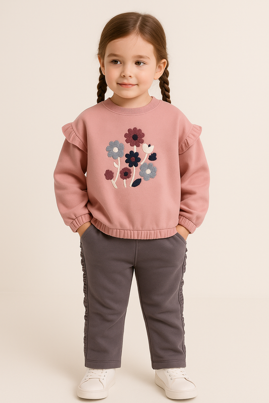 Girls Floral Chenille Fleece Tracksuit – Dusty Rose & Grey 2-Piece Set