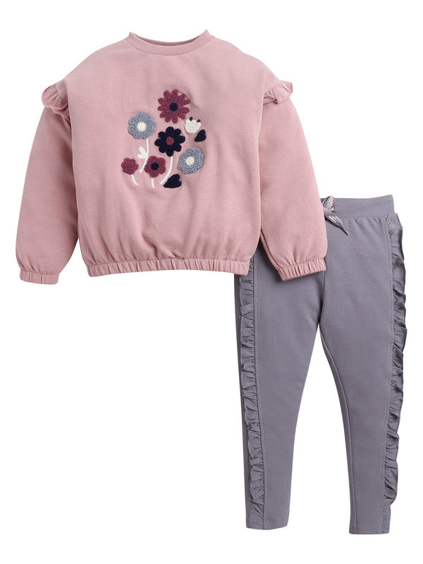 Girls Floral Chenille Fleece Tracksuit – Dusty Rose & Grey 2-Piece Set