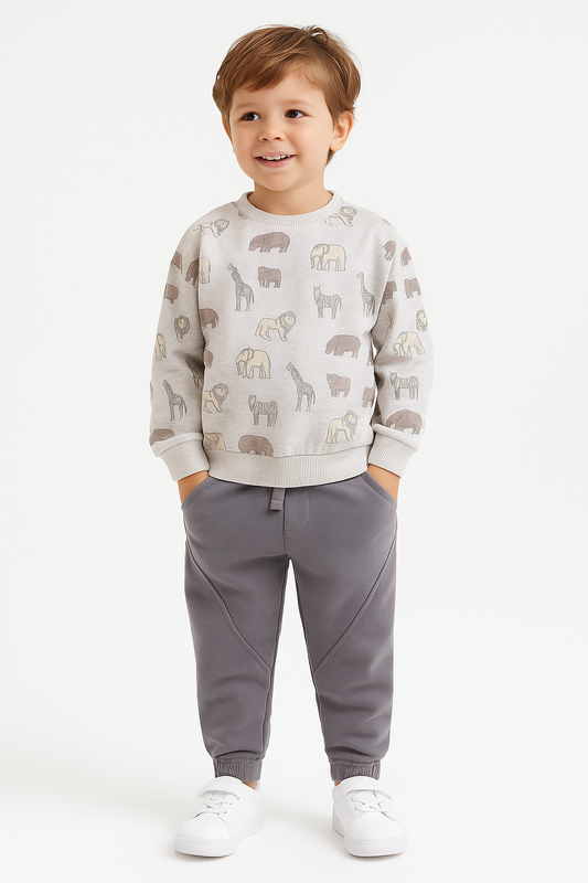Boys Safari Print Fleece Tracksuit – Sand & Heather Grey 2-Piece Set