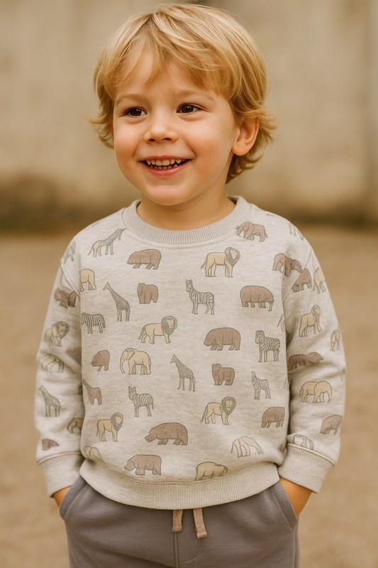 Boys Safari Print Fleece Tracksuit – Sand & Heather Grey 2-Piece Set