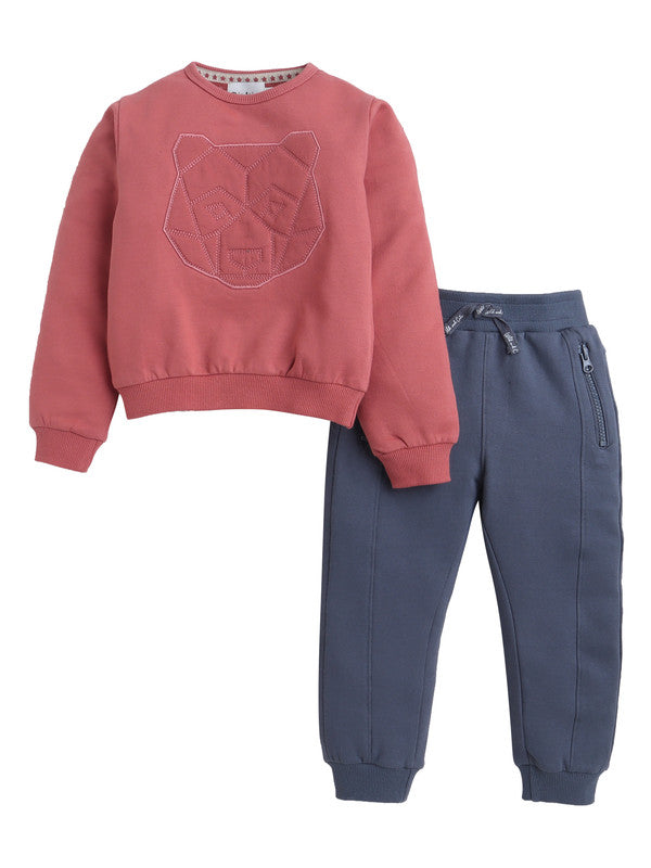 Dirkje Boys Bear Graphic Fleece Tracksuit – Coral & Grey 2-Piece Set