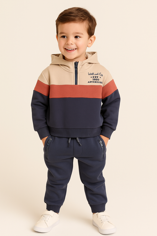 Boys Colorblock Fleece Tracksuit – Cream, Terracotta & Grey 2-Piece Set