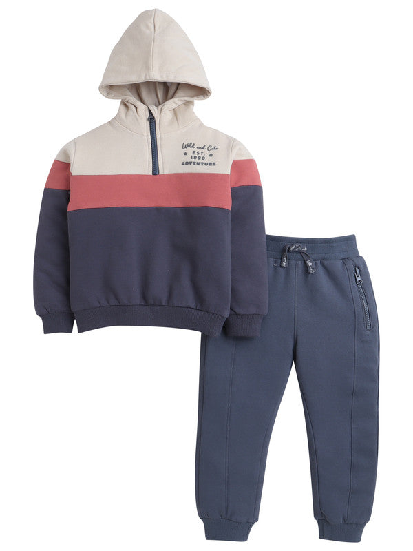Boys Colorblock Fleece Tracksuit – Cream, Terracotta & Grey 2-Piece Set