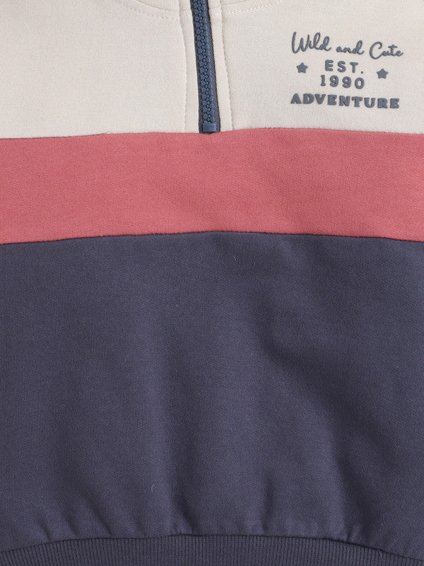 Boys Colorblock Fleece Tracksuit – Cream, Terracotta & Grey 2-Piece Set