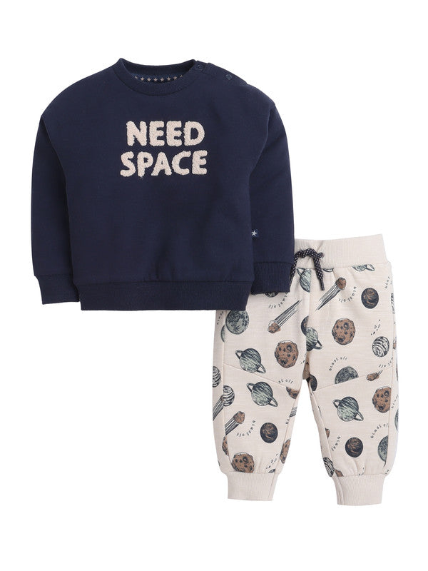 Baby Boys “Need Space” Fleece Tracksuit – Navy & Cream 2-Piece Set