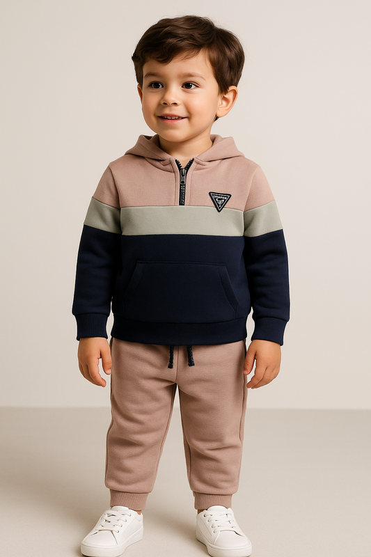 Boys Colorblock Fleece Tracksuit – Beige & Navy 2-Piece Set