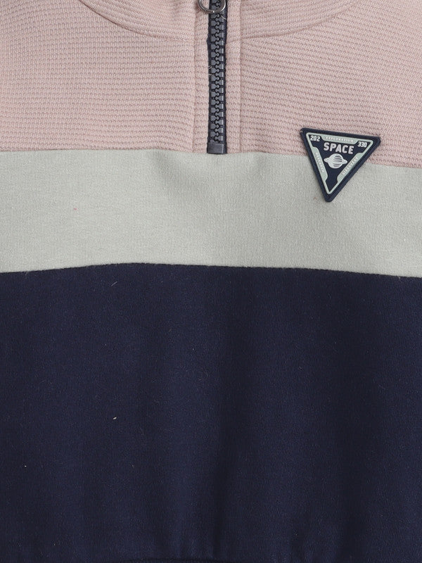 Boys Colorblock Fleece Tracksuit – Beige & Navy 2-Piece Set