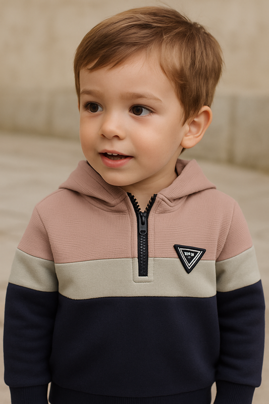 Boys Colorblock Fleece Tracksuit – Beige & Navy 2-Piece Set
