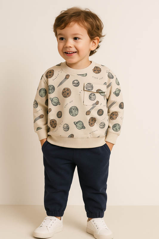 Boys Planet Cargo Fleece Tracksuit – Cream & Navy 2-Piece Set