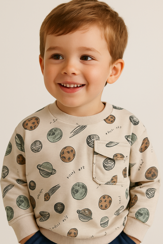 Boys Planet Cargo Fleece Tracksuit – Cream & Navy 2-Piece Set