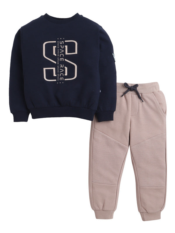 Boys Space Race Fleece Tracksuit – Navy & Sand 2-Piece Set