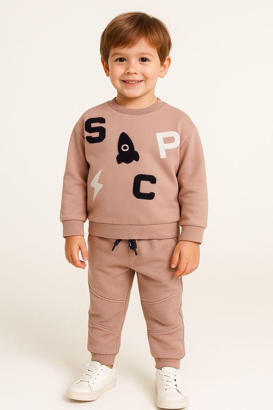 Boys Space Patch Fleece Tracksuit – Sand- 2-Piece Set