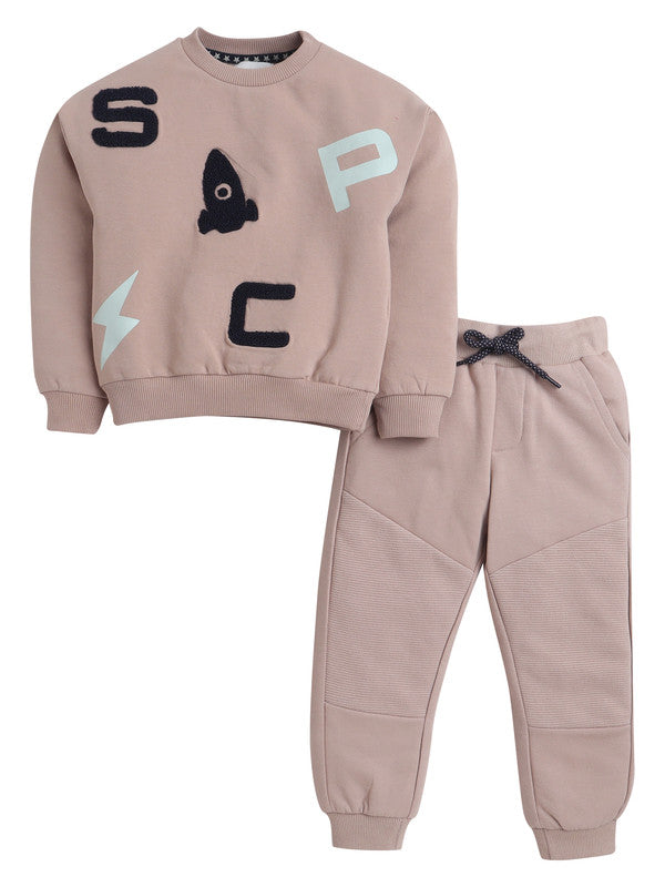 Boys Space Patch Fleece Tracksuit – Sand- 2-Piece Set