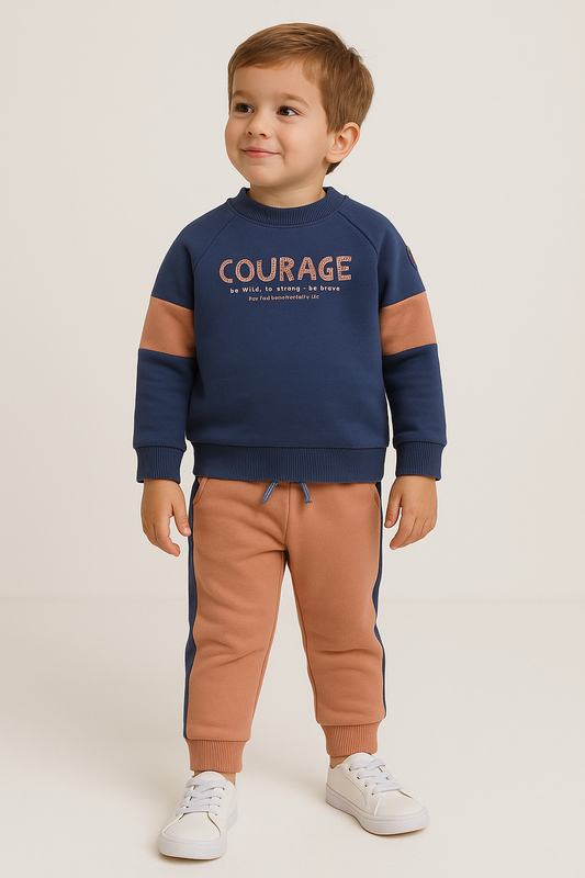 Boys Courage Fleece Tracksuit – Navy & Orange 2-Piece Set