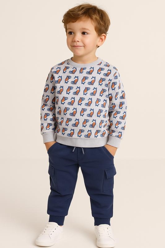 Boys Fox Adventure Fleece Tracksuit – Cream & Navy 2-Piece Set