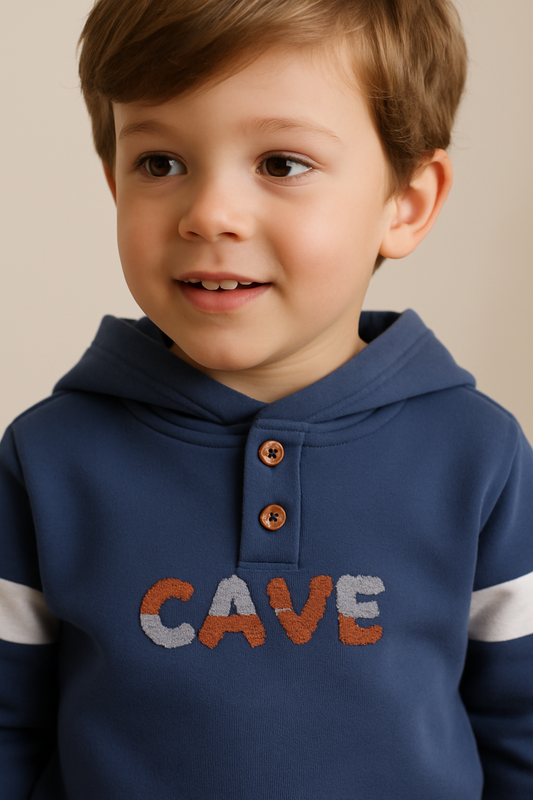 Boys “M.A.N. Cave” Fleece Hoodie & Joggers Set – Navy & Coral
