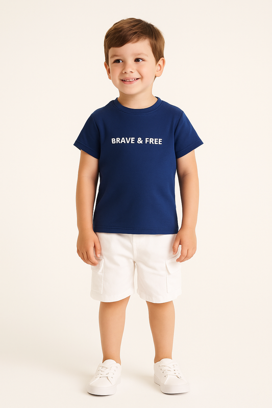 Boys Navy "Brave & Free" Cotton T-Shirt (2Y–9Y)
