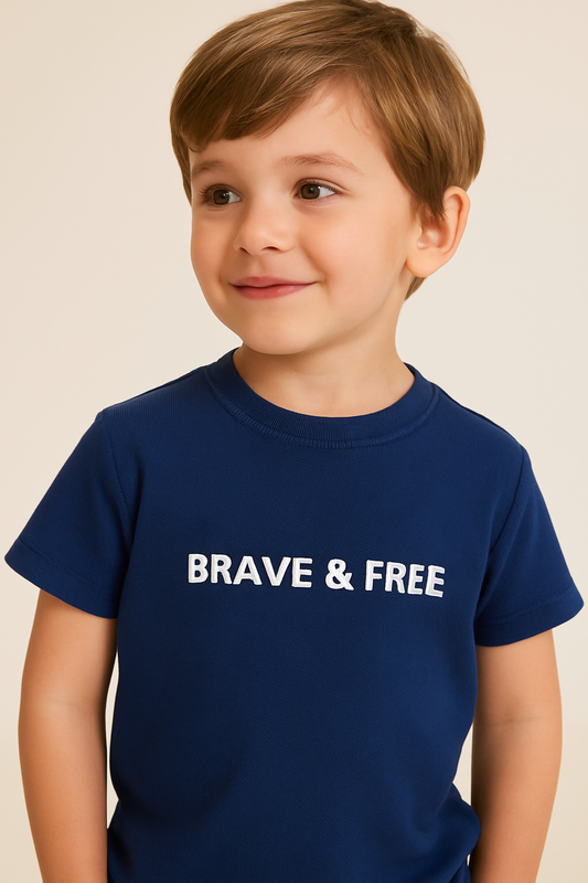 Boys Navy "Brave & Free" Cotton T-Shirt (2Y–9Y)