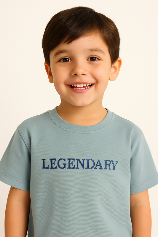 Junior Boys T-Shirt – “LEGENDARY” Slogan – Soft Blue (2Y-9Y)