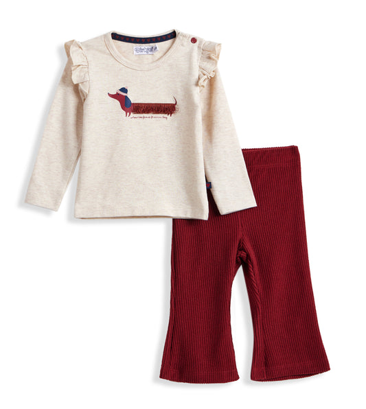 Dirkje Off-Beige Top and Dark Red Pants Set