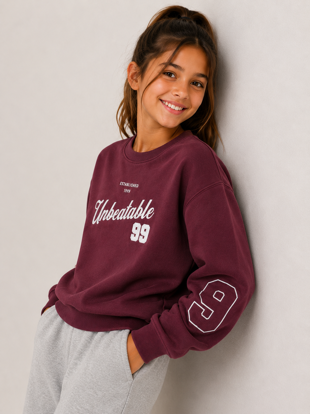 Girls "Unbeatable" Graphic Pullover with Sleeve Detail