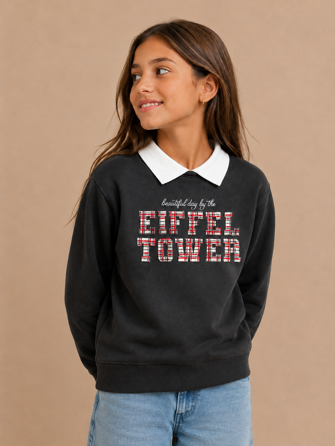 Girls Collared "Eiffel Tower" Print Pullover with Collar