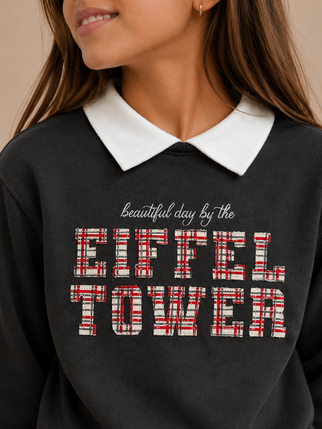 Girls Collared "Eiffel Tower" Print Pullover with Collar