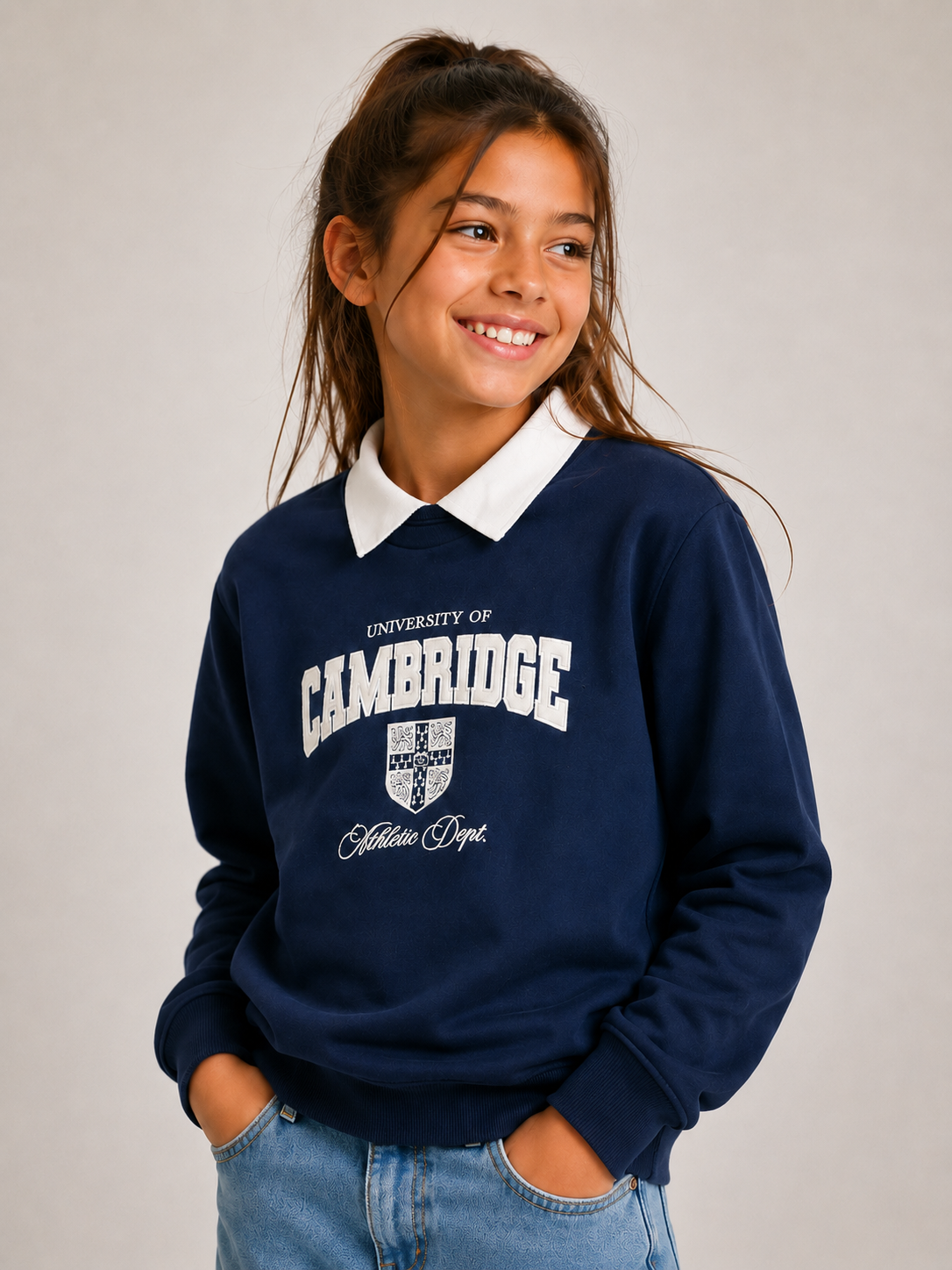 Girls Collared "Cambridge" Text Print Pullover