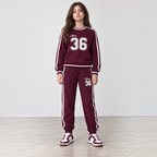 victor and jane girls burgundy fleece sweatshirt and jogger set with white side stripes and number 36 graphic print