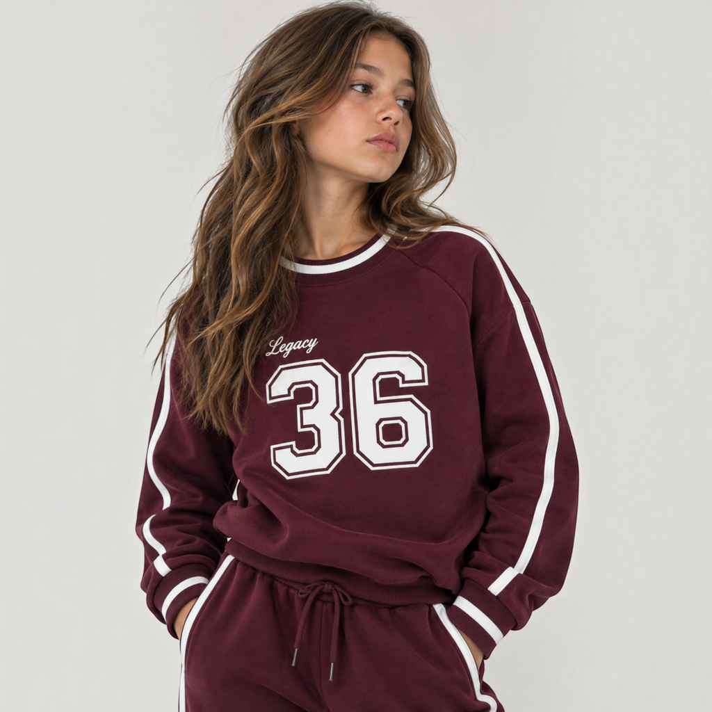 victor and jane girls burgundy fleece sweatshirt with white Legacy 36 graphic print and striped sleeve detailing
