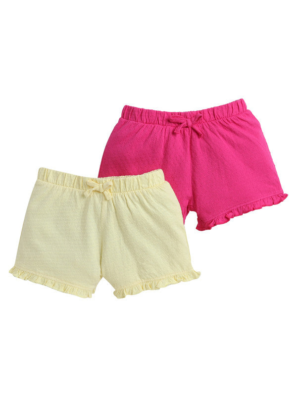 Victor and Jane Girls' Jacquard Shorts with Elasticated Waistband and Ruffle Trim- Fuschia and Yellow-Pack of 2