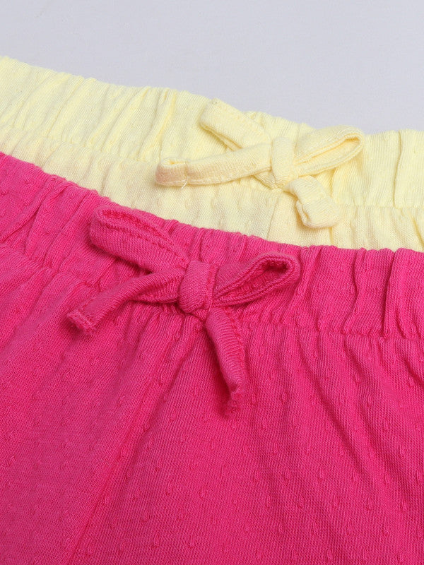 Victor and Jane Girls' Jacquard Shorts with Elasticated Waistband and Ruffle Trim- Fuschia and Yellow-Pack of 2