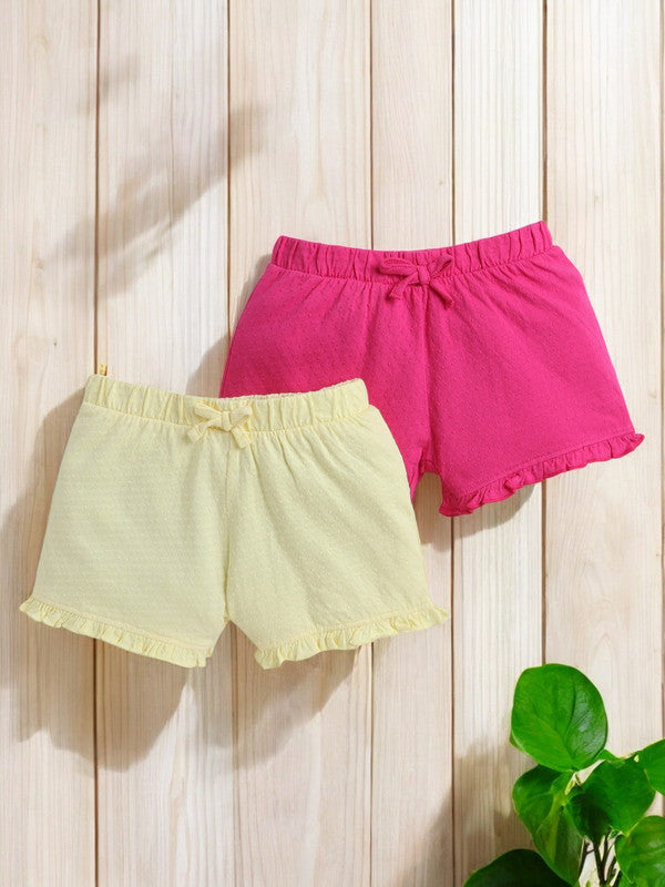 Victor and Jane Girls' Jacquard Shorts with Elasticated Waistband and Ruffle Trim- Fuschia and Yellow-Pack of 2