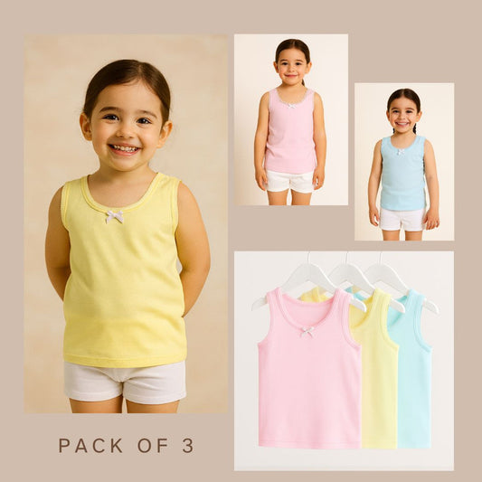 3-Pack Girls' Cotton Vests – Pastel Soft Essentials in Pink, Yellow & Blue