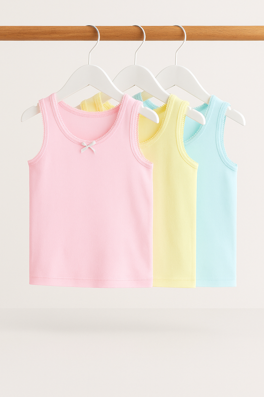 3-Pack Girls' Cotton Vests – Pastel Soft Essentials in Pink, Yellow & Blue