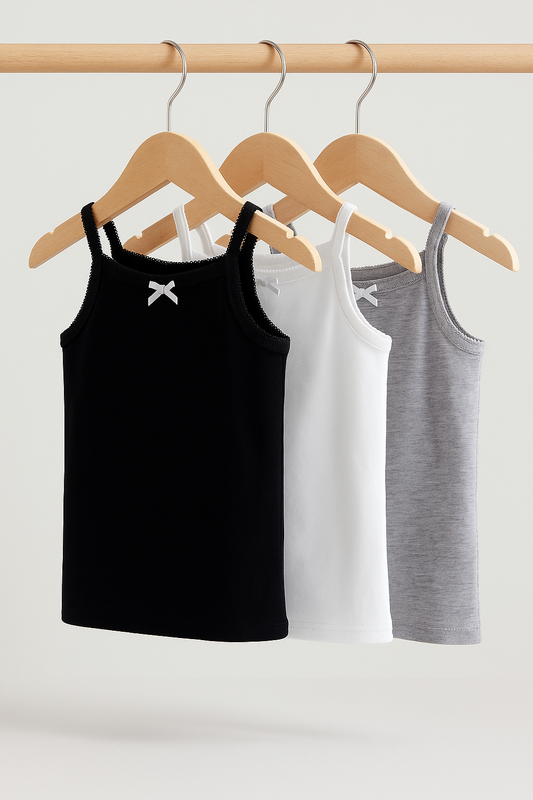 3-Pack Girls' Camisoles – Cotton Comfort in Black, White & Grey