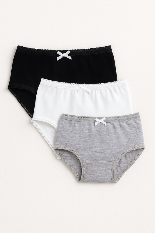 3-Pack Girls' Briefs – Neutral Cotton Basics in Black, White & Grey