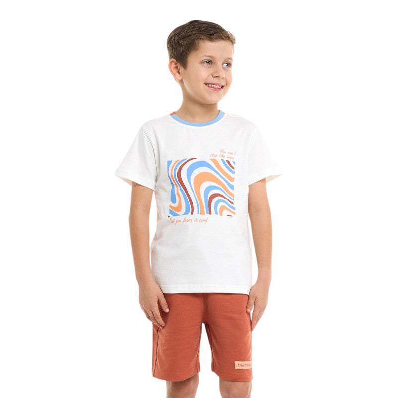 Victor and Jane Cotton Round Neck T-Shirt & Shorts Set – Detailed Print - Off White and Rust