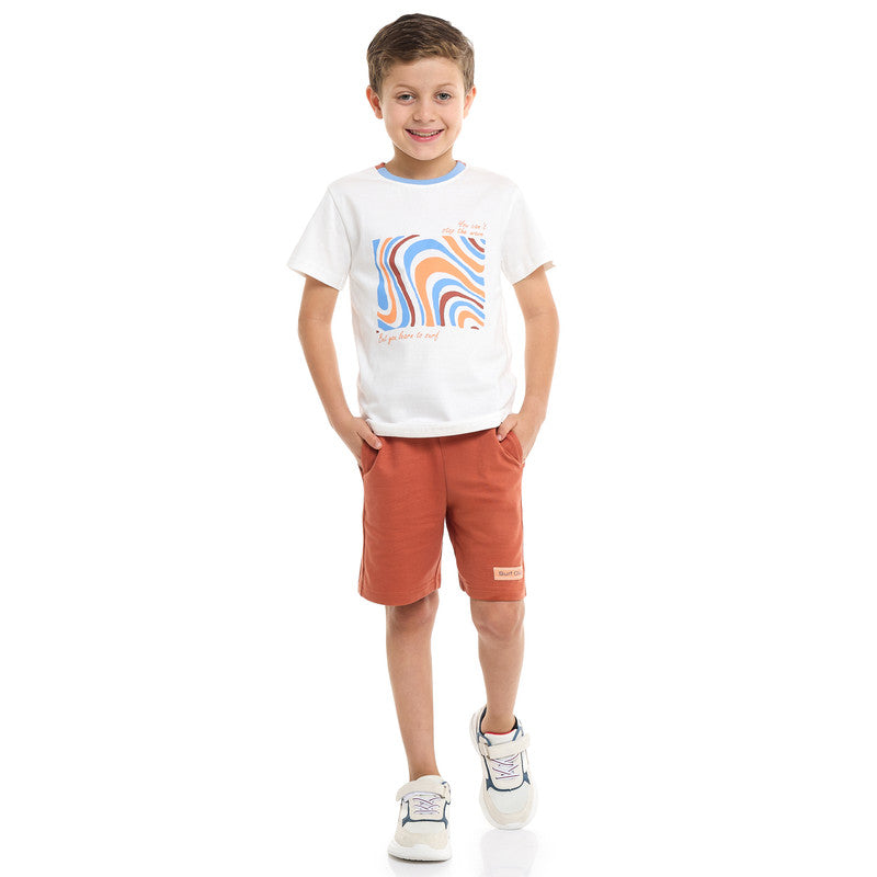 Victor and Jane Cotton Round Neck T-Shirt & Shorts Set – Detailed Print - Off White and Rust