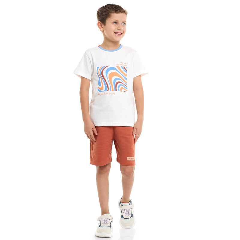 Victor and Jane Cotton Round Neck T-Shirt & Shorts Set – Detailed Print - Off White and Rust