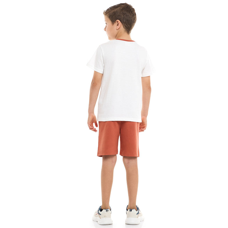 Victor and Jane Cotton Round Neck T-Shirt & Shorts Set – Detailed Print - Off White and Rust
