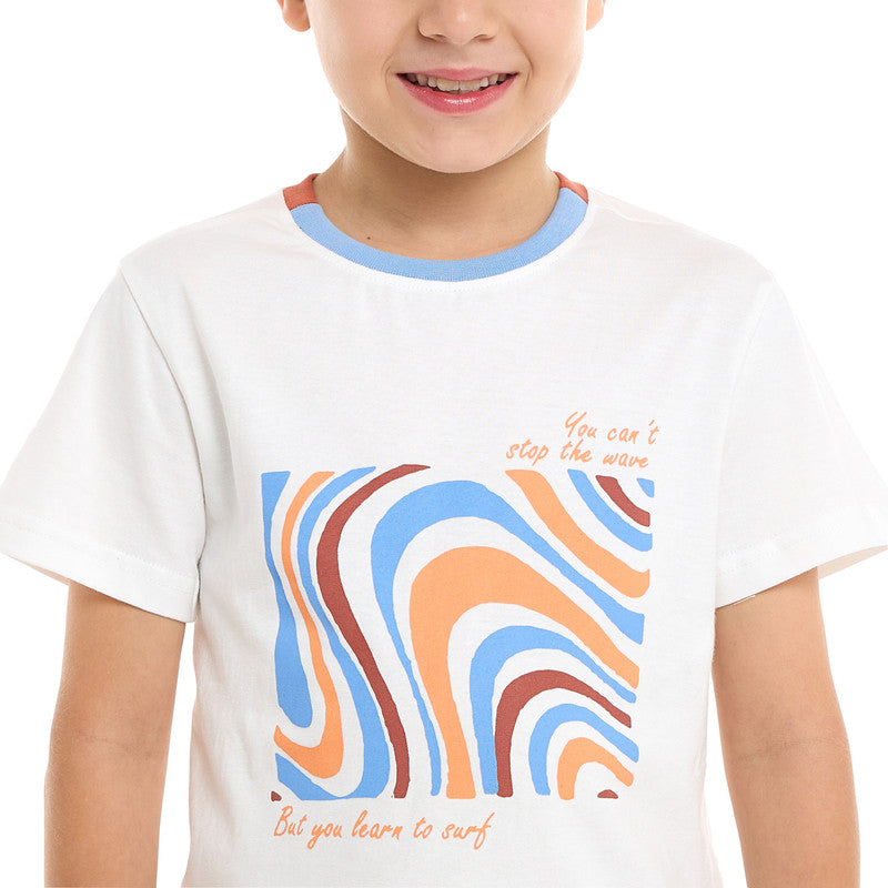 Victor and Jane Cotton Round Neck T-Shirt & Shorts Set – Detailed Print - Off White and Rust