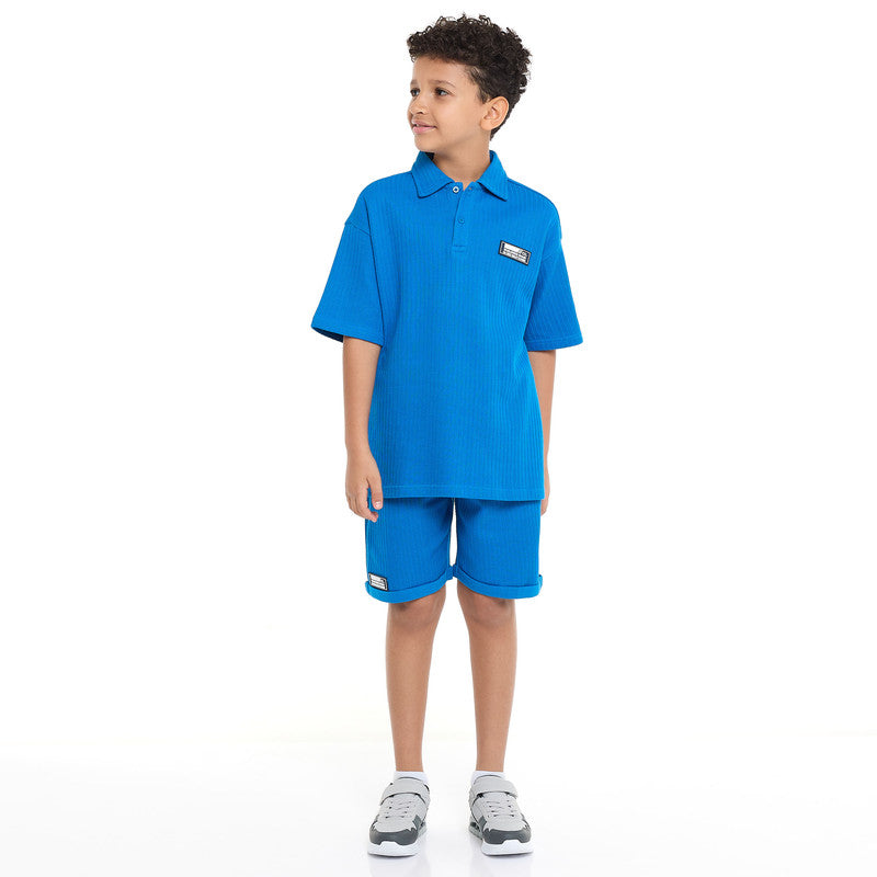 Victor and Jane Boys' Jacquard Set – Blue 2-Piece Outfit with Label Detail