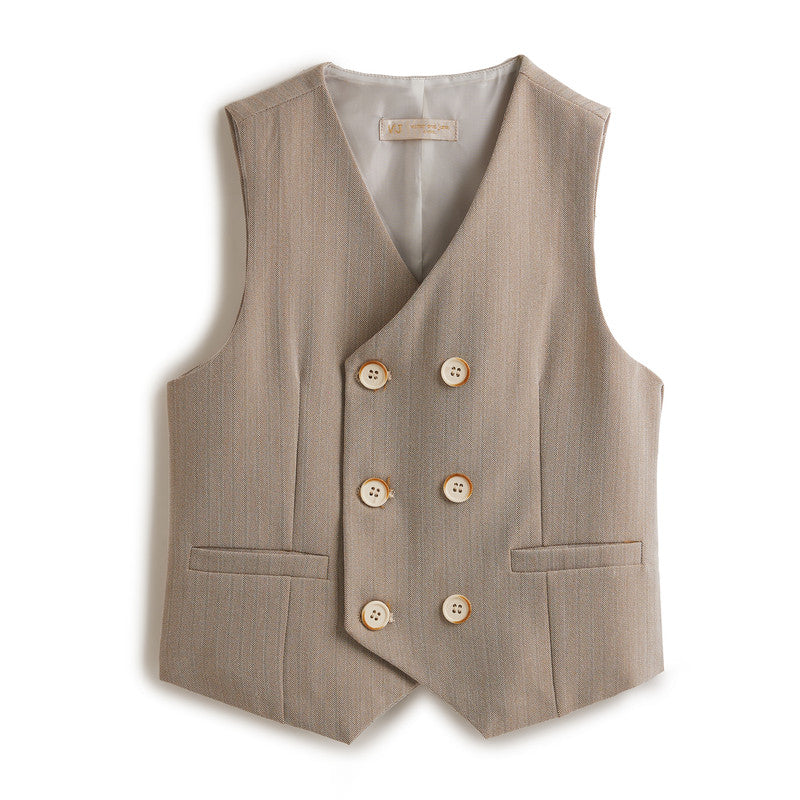 Neutral/Beige Waistcoat And Short Set With Shirt And Bow Tie