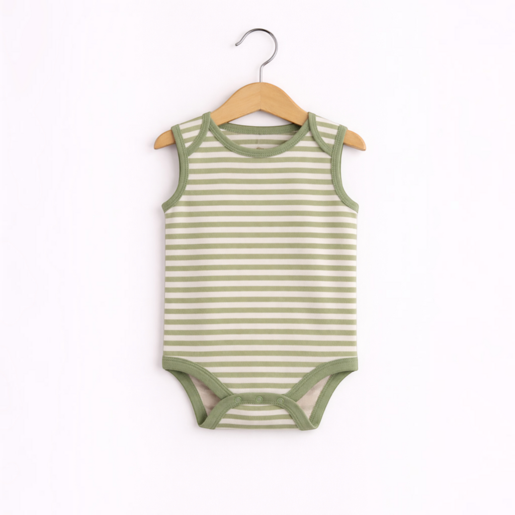 victor and jane baby boys sleeveless bodysuit in sage green and white horizontal stripes on a wooden hanger