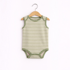 victor and jane baby boys sleeveless bodysuit in sage green and white horizontal stripes on a wooden hanger