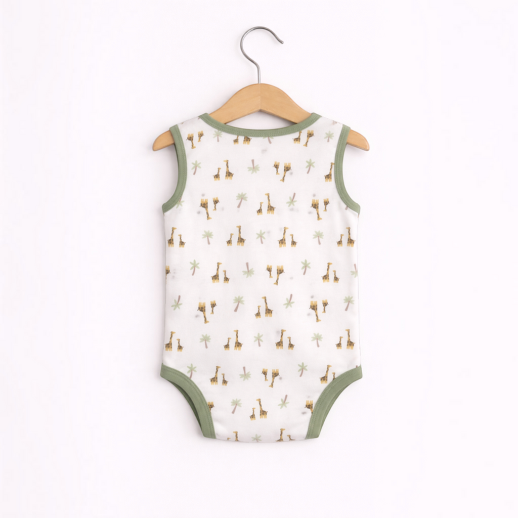 victor and jane baby boys sleeveless bodysuit featuring a white fabric with a giraffe and palm tree print